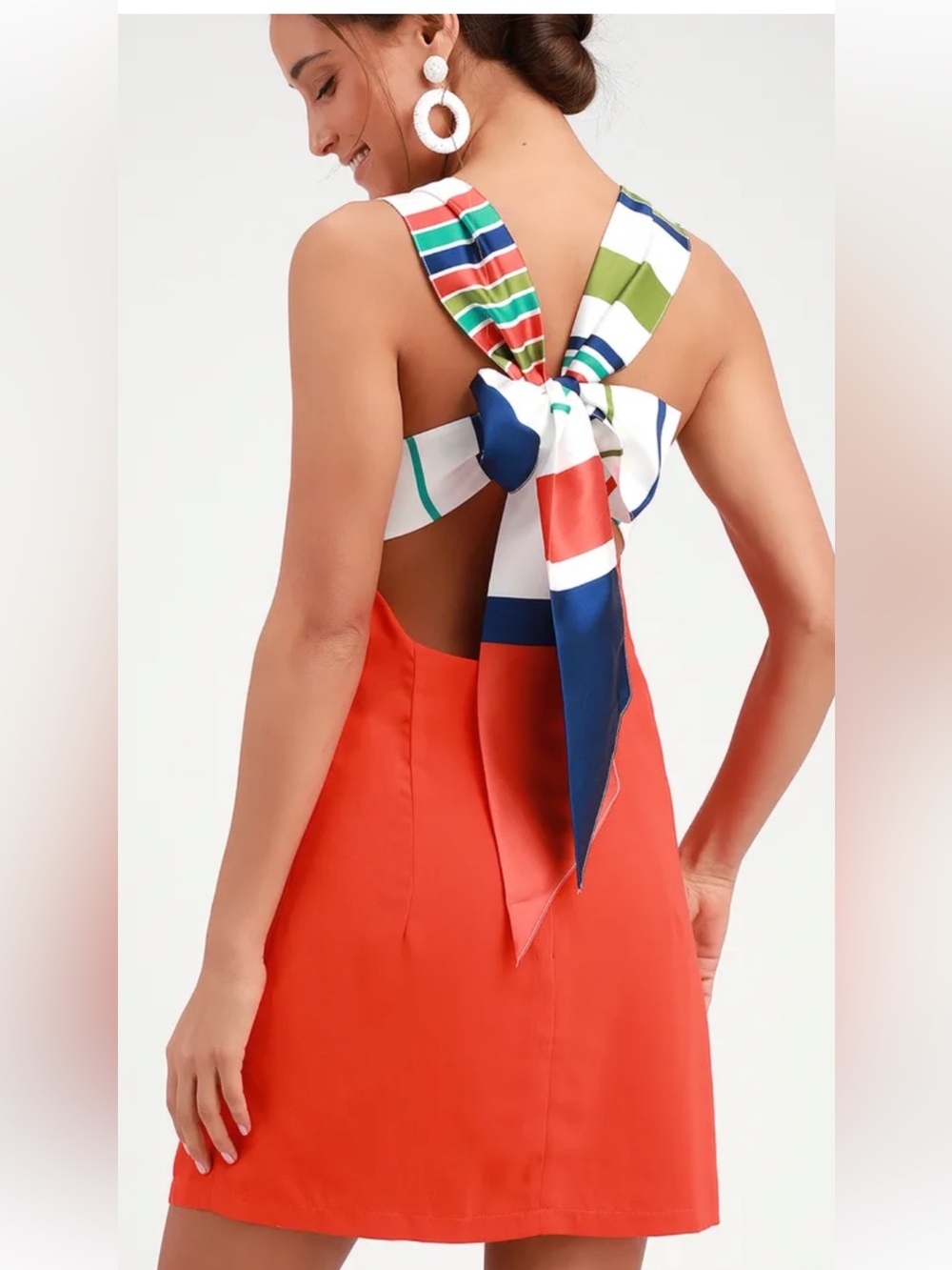 Lulus Orange Sleeveless Shift Dress with Striped Tie Accent NWT